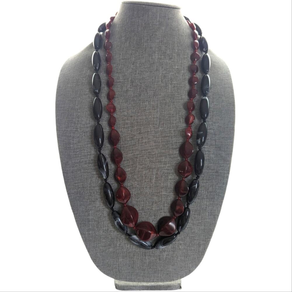 Vintage Marbled Swirl Acrylic Beaded Black Red Long Layering Necklaces